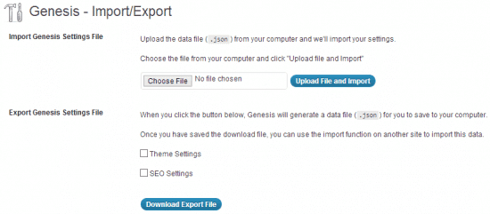 Genesis WordPress Framework import export settings