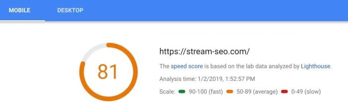 Stream SEO 2019 goals - Google Page Speed mobile