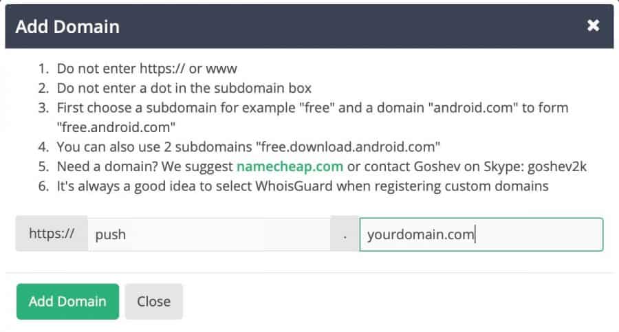 заработок на push-уведомлениях - добавление домена