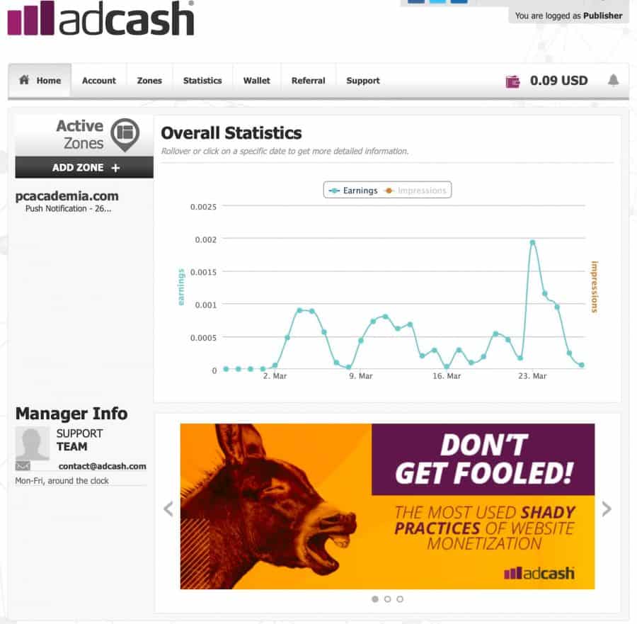 adcash review - dashboard